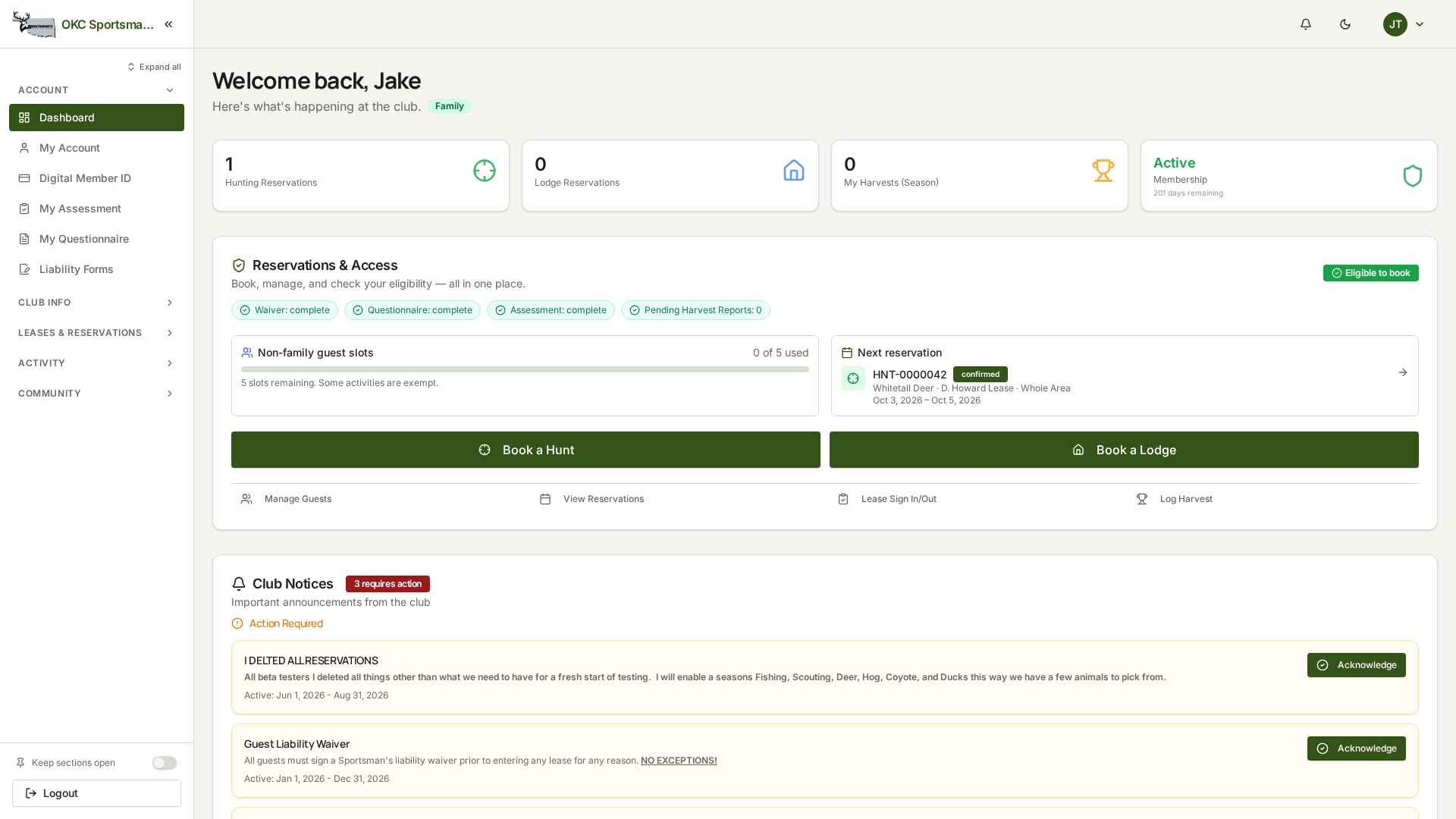 Member dashboard screenshot