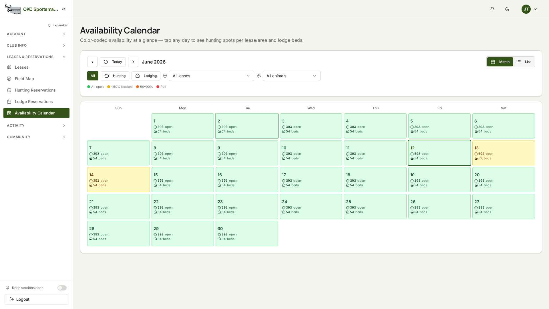 Availability calendar and reservations screenshot