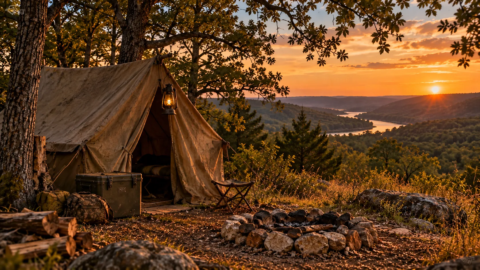 Canvas wall tent with a glowing lantern beside a stone fire ring, overlooking a river valley at sunset — the club's backcountry lodging