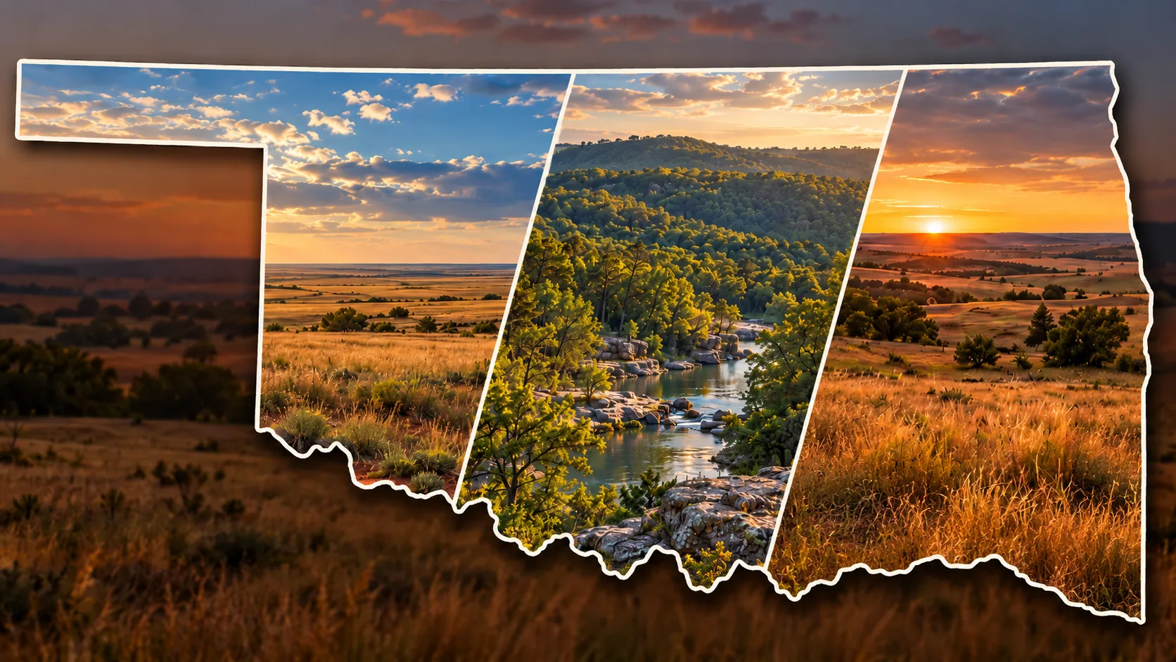 Oklahoma-shaped collage of prime hunting land — prairie, wooded river valley, and sunset plains across the club's leases